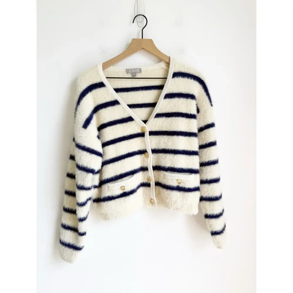 J. Crew Sweater Lady jacket in striped brushed yarn Ivory Blue Gold XS